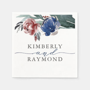 Serviette En Papier Mariage floral élégant bleu marine et bordeaux