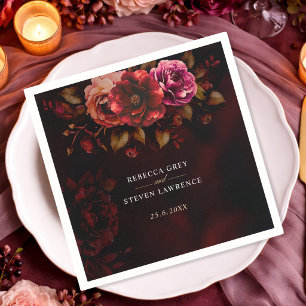 Serviette En Papier Mariage floral élégant rouge noir d'ambiance sombr