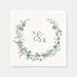 Serviette En Papier Mariage Floral Élégant Vert Sauge Vintage Monogram