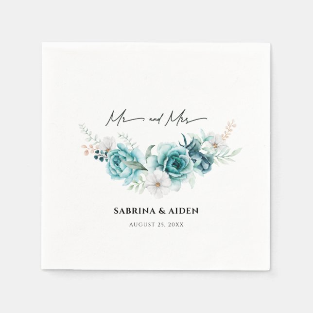 Serviette En Papier Mariage Floral Émeraude Poussiéreux Blanc (Devant)