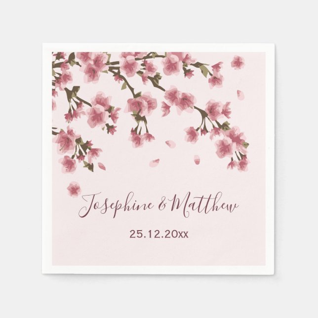 Serviette En Papier Mariage floral en fleurs de cerisier rose (Devant)