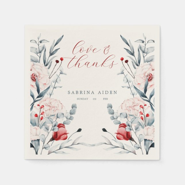 Serviette En Papier Mariage Floral Fleur Rouge Et Bleu (Devant)