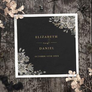 Serviette En Papier Mariage floral gothique noir et or Roses
