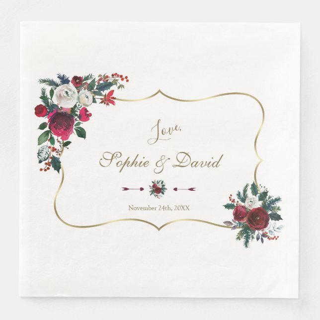 Serviette En Papier Mariage Floral Hivernal Bourgogne Pin Or Charmant (Devant)