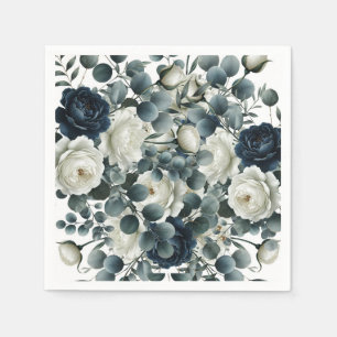 Serviette En Papier Mariage floral moderne bleu foncé et blanc