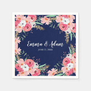 Serviette En Papier Mariage floral Napkin fleurs botaniques bleu marin