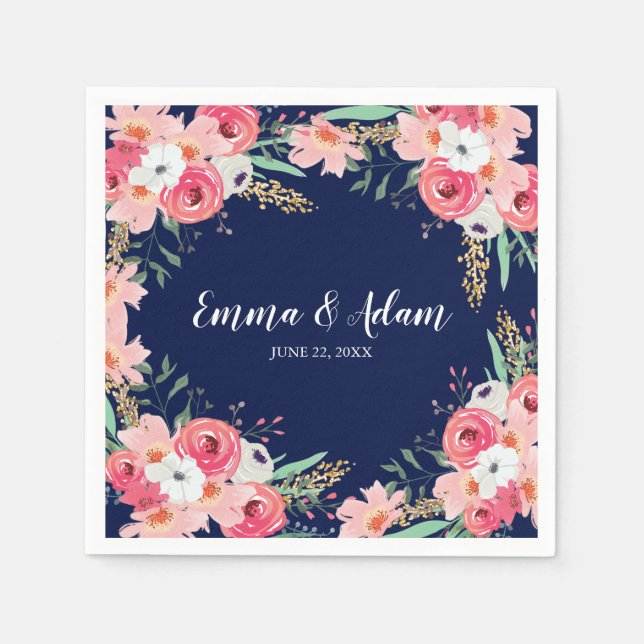 Serviette En Papier Mariage floral Napkin fleurs botaniques bleu marin (Devant)