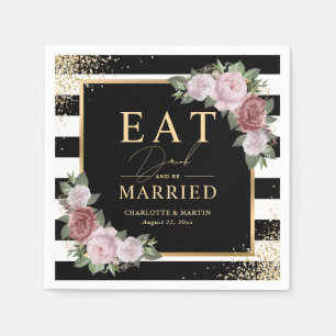 Serviette En Papier Mariage floral noir blanc or rose