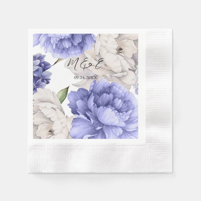 Serviette En Papier Mariage Floral Peony Blanc Et Bleu (Devant)
