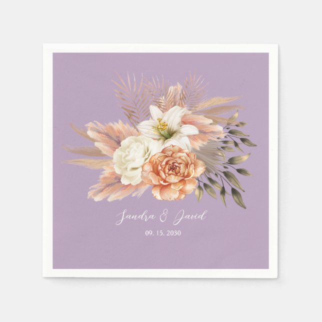 Serviette En Papier Mariage floral pourpre de pêche (Devant)