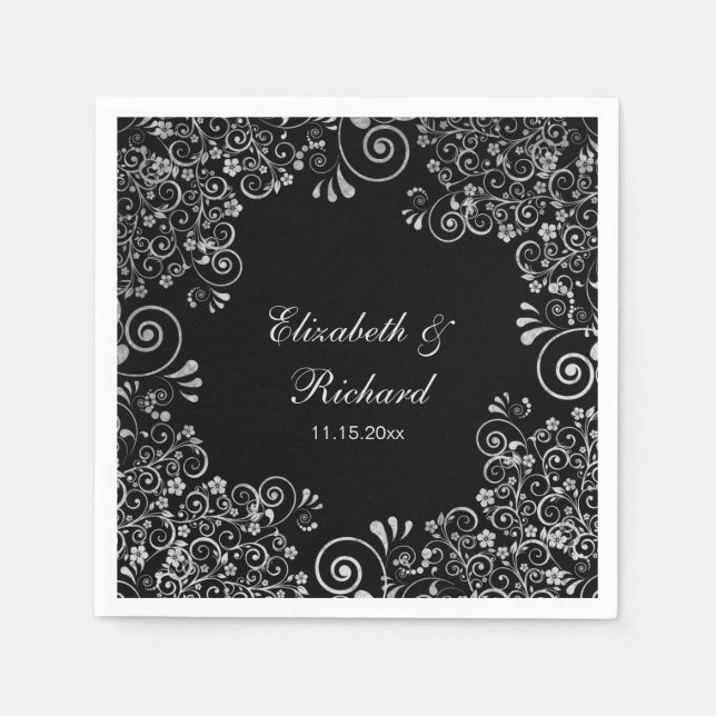 Serviette En Papier Mariage Floral réception argent et noir (Devant)