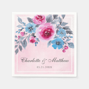 Serviette En Papier Mariage Floral Romantique Rose Et Bleu Aquarelle
