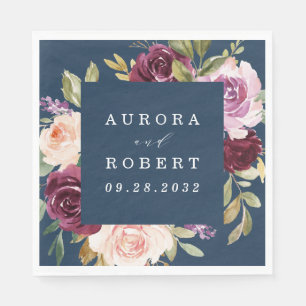 Serviette En Papier Mariage floral rose bleu bleu marine Bourgogne or