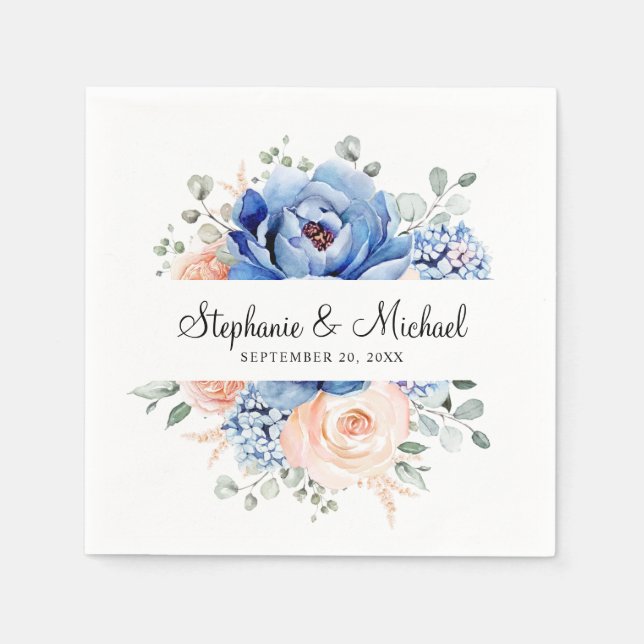 Serviette En Papier Mariage floral rose bleu marine (Devant)