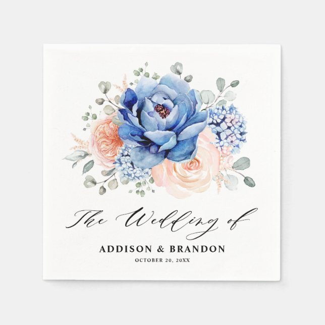 Serviette En Papier Mariage floral rose bleu marine (Devant)