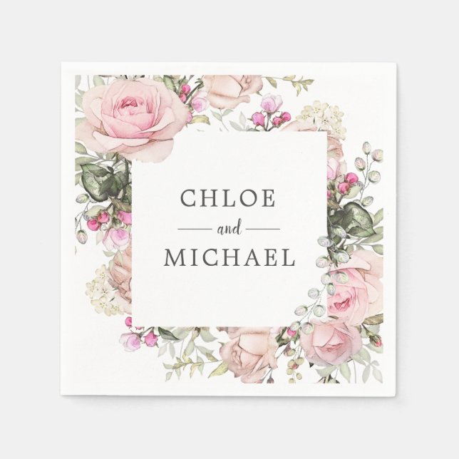 Serviette En Papier Mariage floral rose et blanc personnalisé (Devant)