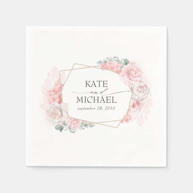 Serviette En Papier Mariage floral rose et bleu poussiéreux (Devant)