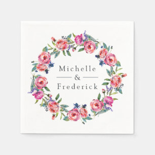 Serviette En Papier Mariage floral rose et violet à l'aquarelle