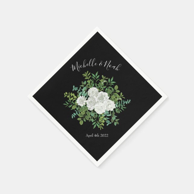 Serviette En Papier Mariage floral rose noire et blanche (Coin)