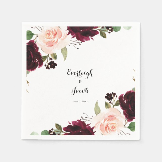 Serviette En Papier Mariage Floral Rose Poudré et Eucalyptus Bourgogne (Devant)