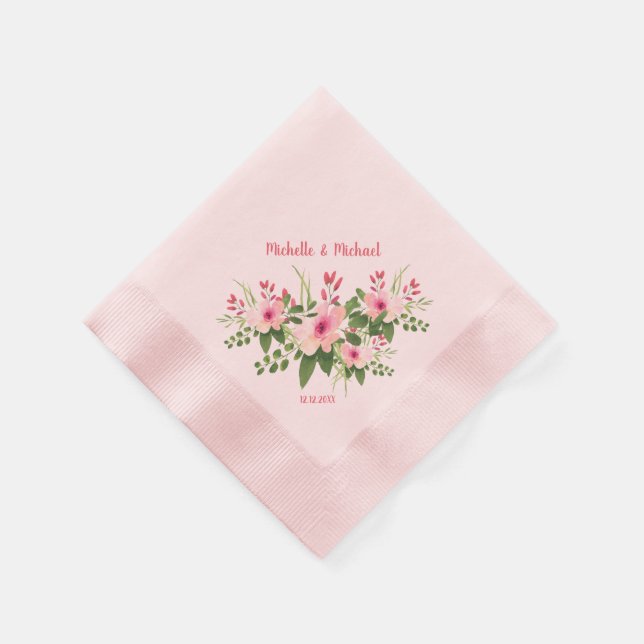 Serviette En Papier Mariage floral rose vif personnalisé (Coin)