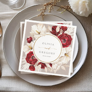 Serviette En Papier Mariage floral rouge rubis et blanc