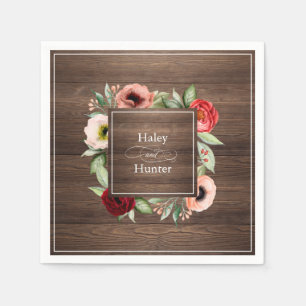 Serviette En Papier Mariage floral rustique en bois de grange avec nom