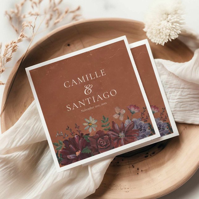 Serviette En Papier Mariage floral rustique en terre cuite (Terracotta Floral Fall Wedding Napkin)