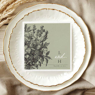 Serviette En Papier Mariage Floral Vintage Vert Sauge Monogramme