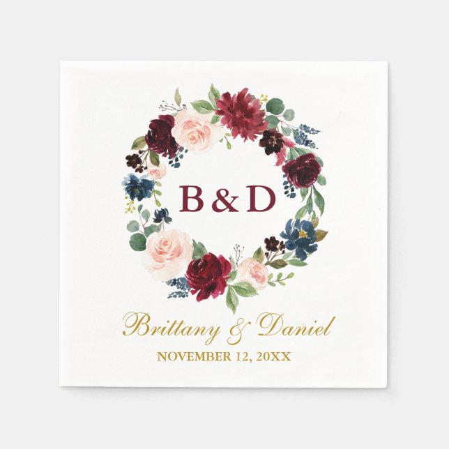 Serviette En Papier Mariage Floral Wreath Burgundy Blue Gold (Devant)