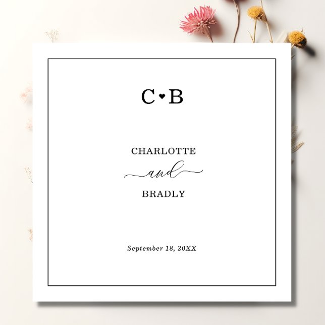 Serviette En Papier Mariage frontière noir et blanc minimaliste (Créateur téléchargé)