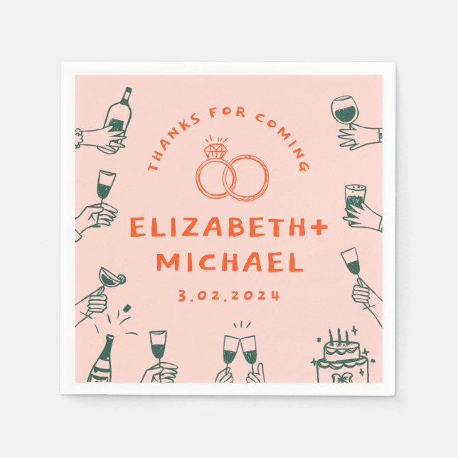 Serviette En Papier Mariage funky rouge rose à main (Devant)