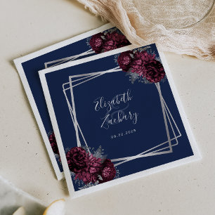 Serviette En Papier Mariage Géométrique Argent Floral Bourgogne Bleu N
