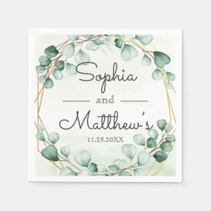 Serviette En Papier Mariage géométrique cadre Eucalyptus or vert
