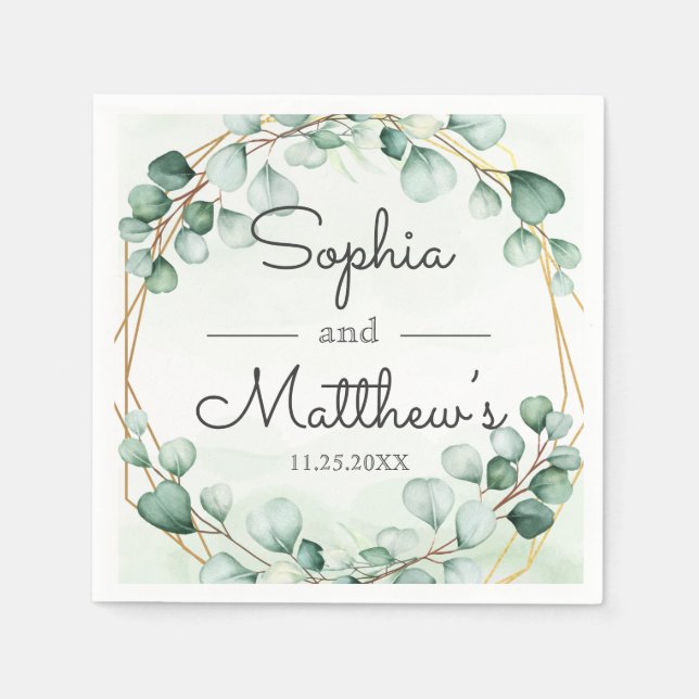 Serviette En Papier Mariage géométrique cadre Eucalyptus or vert (Devant)