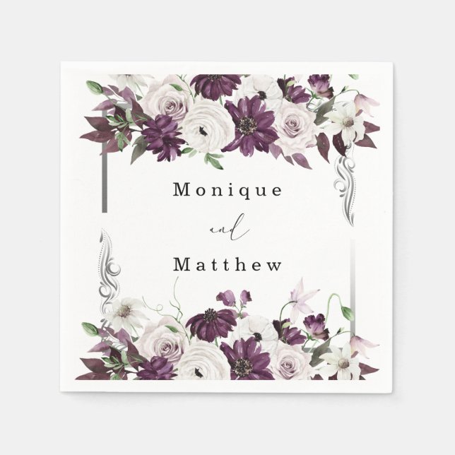 Serviette En Papier Mariage géométrique Plum et Silver Floral (Devant)