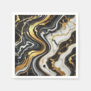 Serviette En Papier Mariage Glam Or Liquide Aspect Marbre Noir Blanc