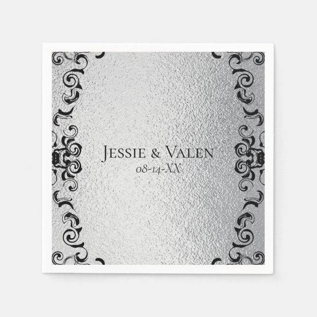 Serviette En Papier Mariage gothique argenté et noir (Devant)