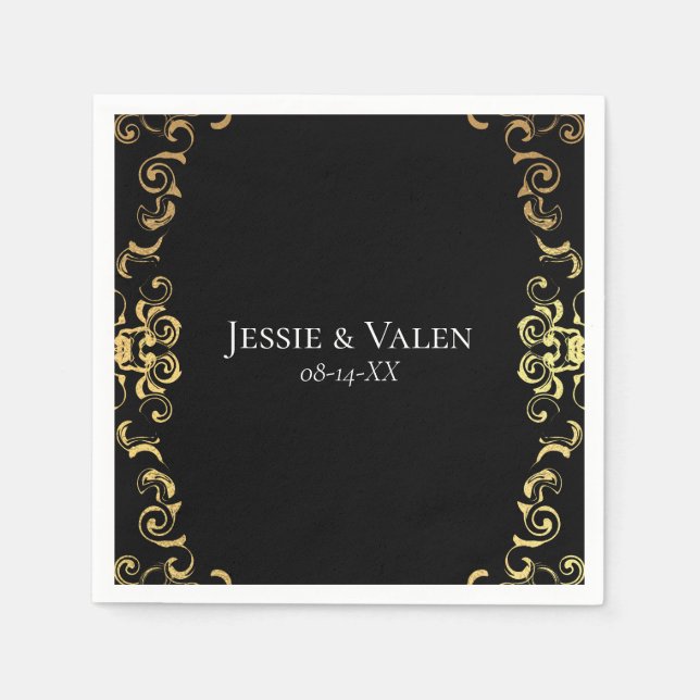 Serviette En Papier Mariage gothique or et noir (Devant)