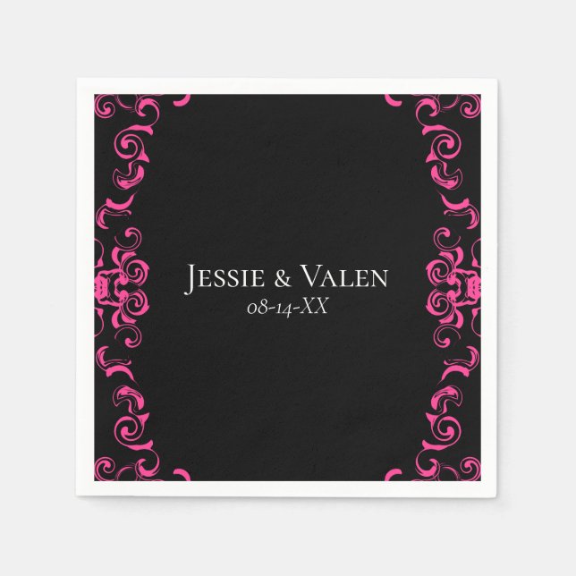 Serviette En Papier Mariage gothique rose chaud et noir (Devant)