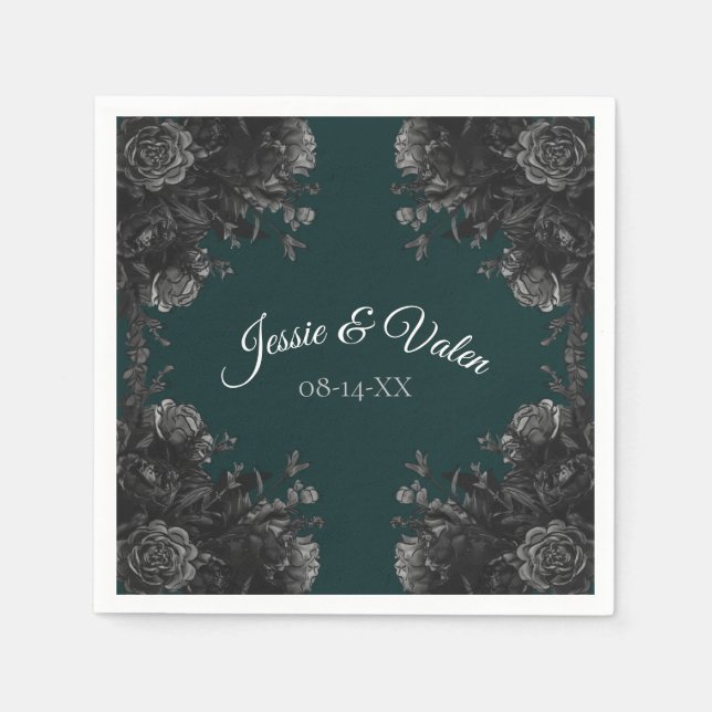 Serviette En Papier Mariage gothique Rose vert foncé gris noir (Devant)