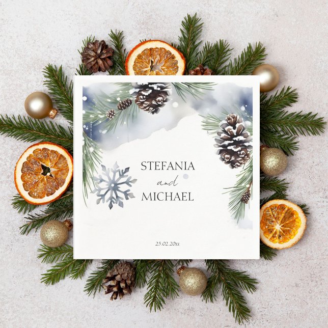 Serviette En Papier Mariage hiver aquarelle neige pins modèle (Winter wedding template napkins watercolor snowy pines with pine cones simple  style casual font)