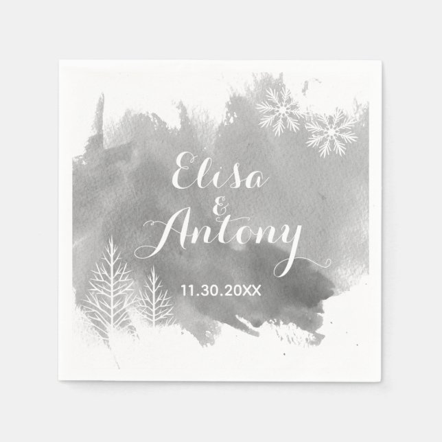 Serviette En Papier Mariage hivernal gris d'aquarelle moderne (Devant)
