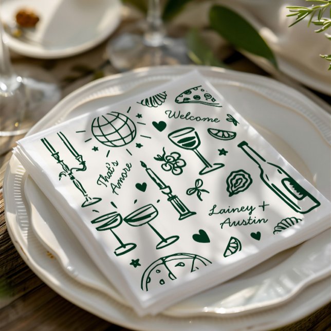 Serviette En Papier Mariage illustré rétrospectif (Retro Hand-Drawn Illustrated Wedding Napkins)
