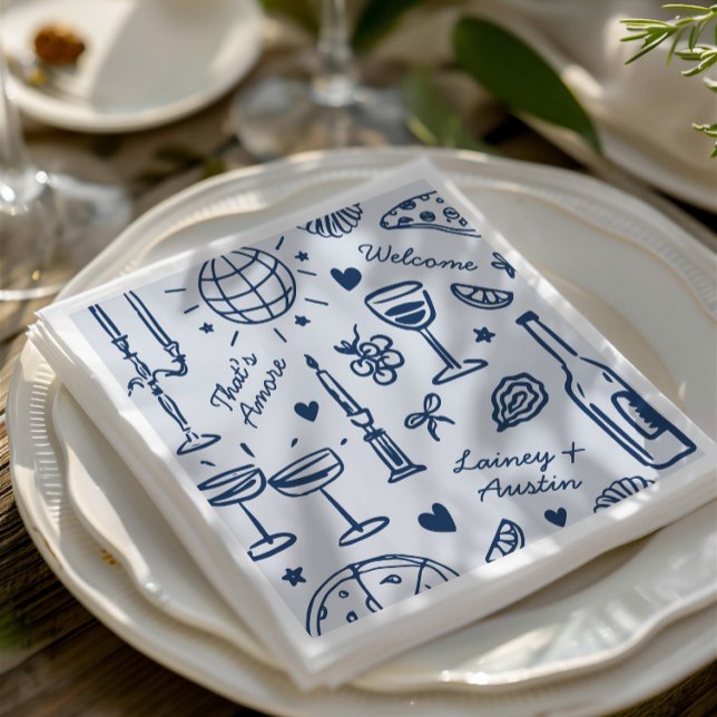 Serviette En Papier Mariage illustré rétrospectif (Retro Hand-Drawn Illustrated Wedding Napkins)