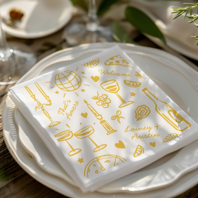 Serviette En Papier Mariage illustré rétrospectif (Retro Hand-Drawn Illustrated Wedding Napkins)
