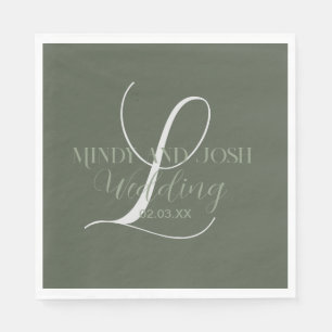 Serviette En Papier Mariage Initiale Vert Sage Écriture Romantique