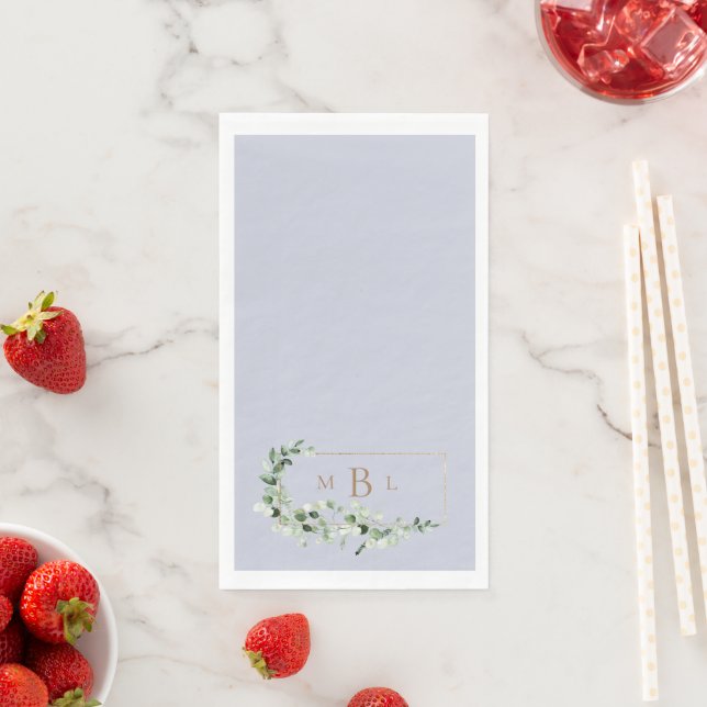 Serviette En Papier Mariage Lavande Monogramme Feuillage & Or (En situation)