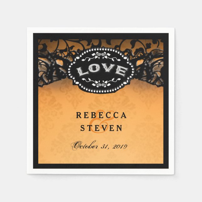 Serviette En Papier Mariage LOVE Halloween orange et noir avec des nom (Devant)