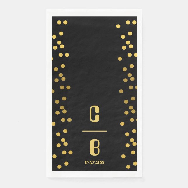 Serviette En Papier Mariage Luxueux Noir Et Or Monogrammé (Devant)
